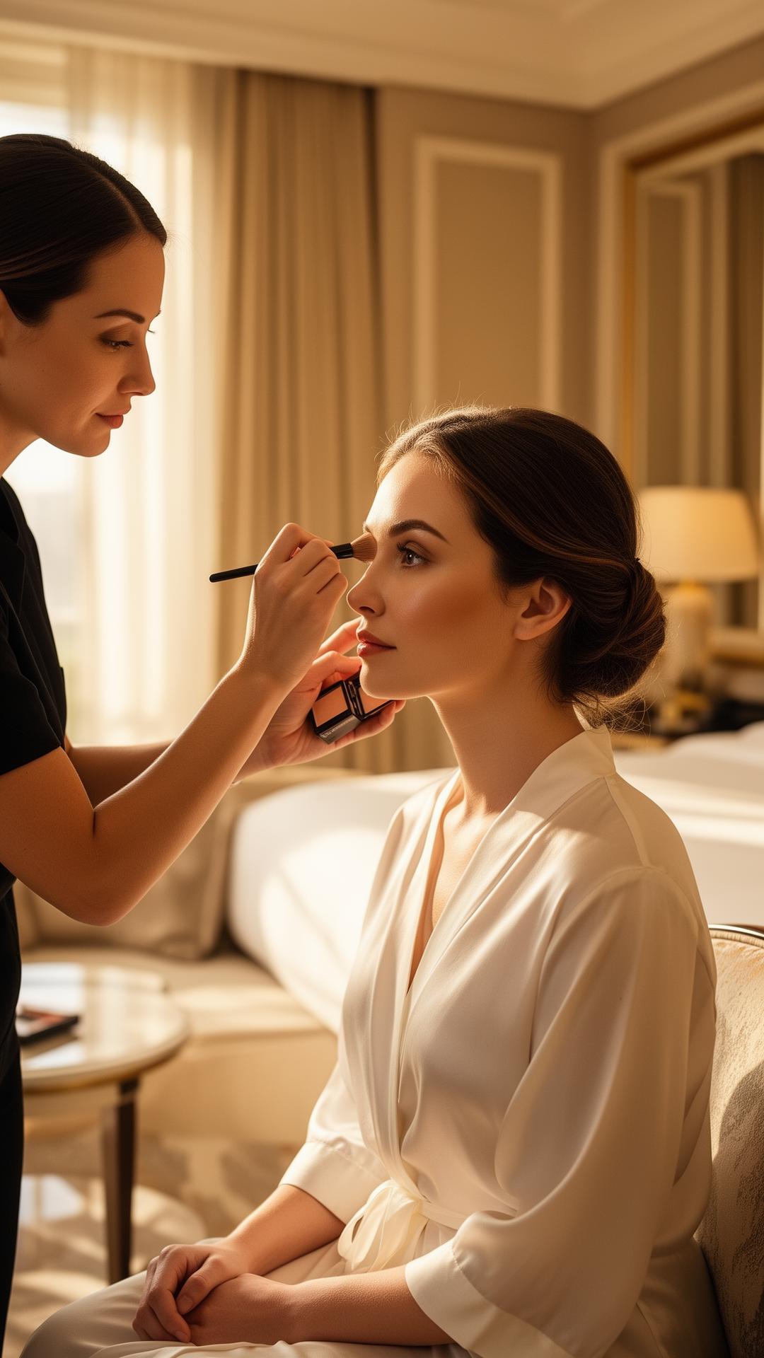 IM Beauty artist applying makeup to a guest in a hotel suite